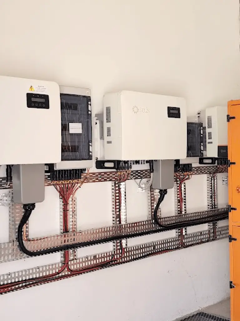 Wall-mounted solar inverters and electrical cabling at an installed solar power system